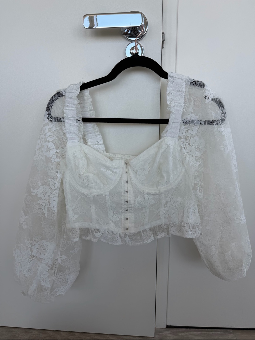 For Love And Lemons Ivory Lace Corset Crop Top with Puff Sleeves